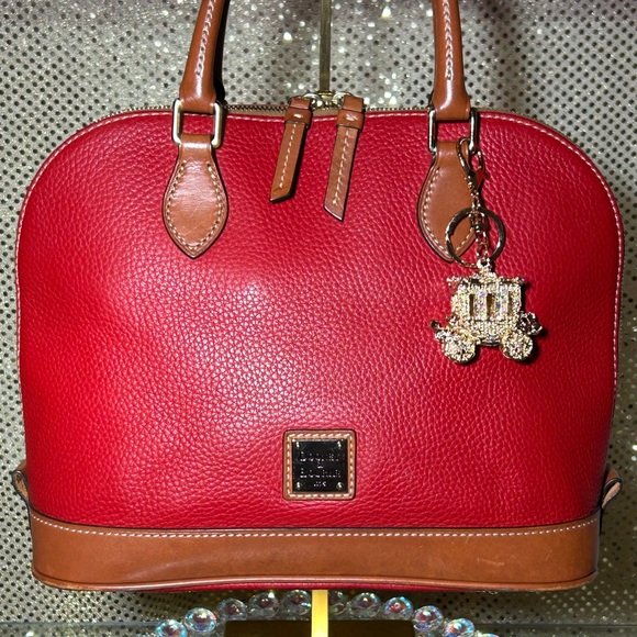 Dooney & Bourke Red and Brown Leather Satchel w/Bag Charm Approx. 14” x 10” x 5” - Picture 1 of 15
